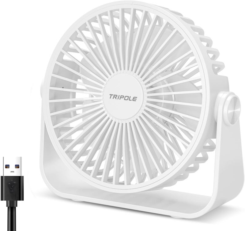TriPole USB Desk Fan Portable Mini Fan Powerful 3 Speeds Wind Personal Desktop Fan with 360° Head Rotation for Home Office Car Indoor Outdoor White, No Battery, 4.5 Inches - Image 1